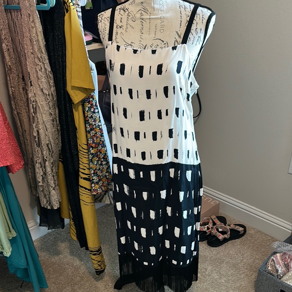 White and Black Sleeveless Midi Sundress with Spaghetti Straps
